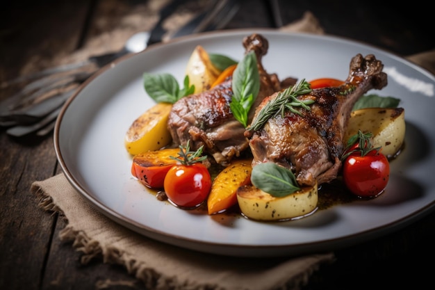 A plate of roasted chicken with tomatoes and basil