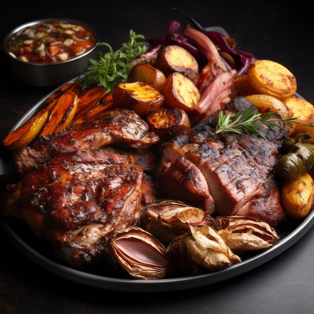 A plate of roasted meat chicken pork