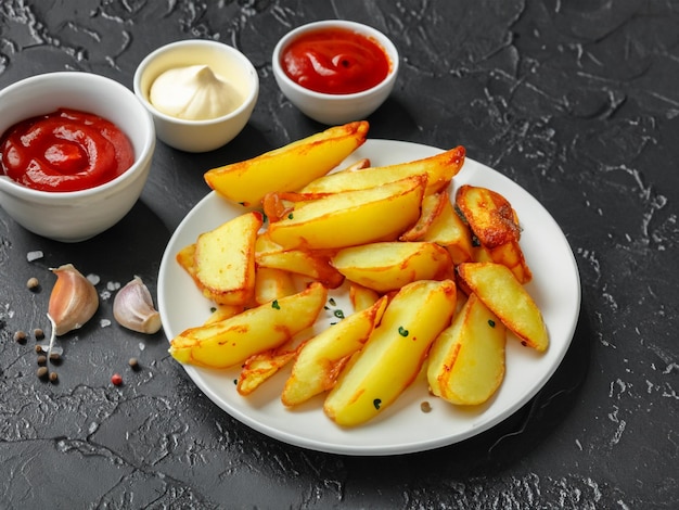 Plate of roasted potatoes on dark background