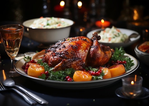 a plate of roasted turkey with a pan of food on the table