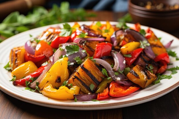 Plate of roasted vegetables featuring colorful bell peppers