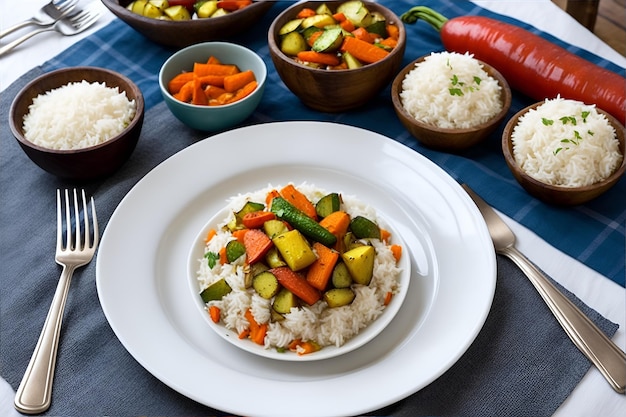 Тарелка жареных овощей с белым рисом