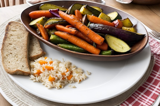A plate of roasted vegetables with white rice