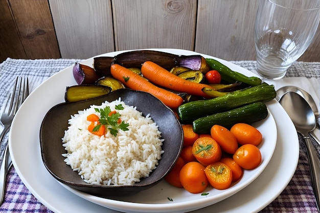 A plate of roasted vegetables with white rice