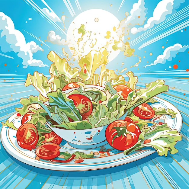 a plate of romaine lettuce and tomatoes on top of a white with some dressing it in the style of lig