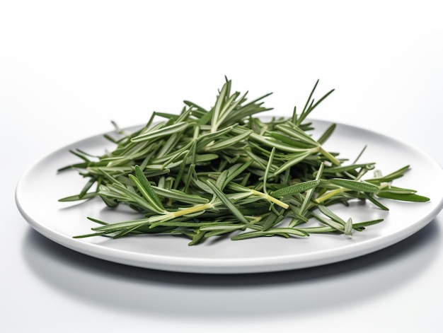 A plate of rosemary is on a white table.