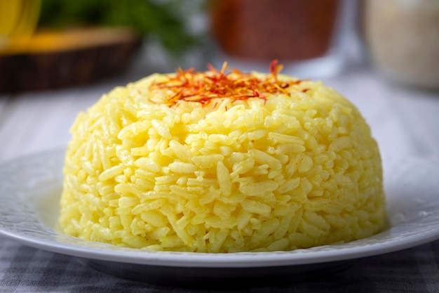 A plate of saffron rice pilaf (Turkish name; safranli pilav)