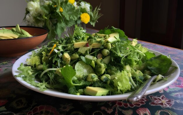 A plate of salad with avocado and avocado.