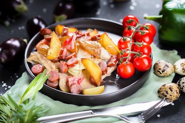 on a plate salad with baked potatoes with chopped sausages and sweet pepper, cherry tomatoes, cutler