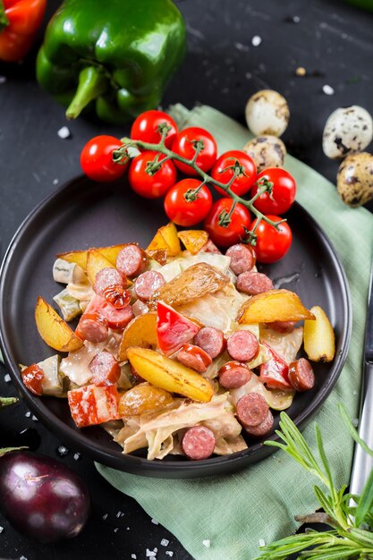 Foto su un piatto insalata di patate al forno con trito di salsiccia e peperone dolce, pomodorini, coltellino