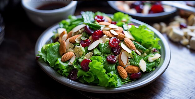 a plate of salad with cranberries