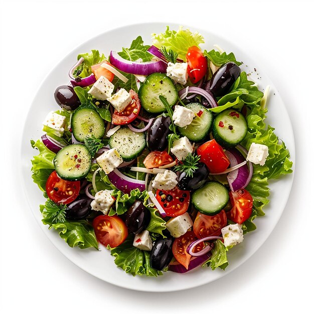 a plate of salad with cucumber cheese and cucumber