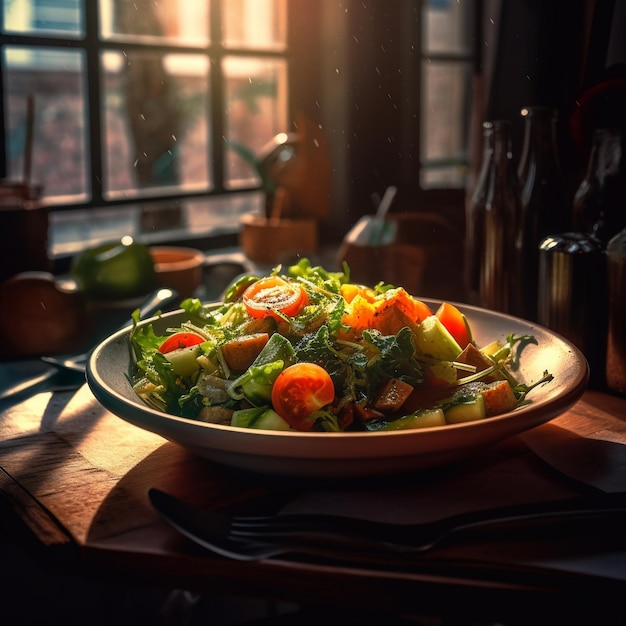 A plate of salad with a fork and knife on a table.