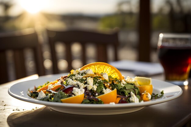 A plate of salad with a glass of red wine on the table