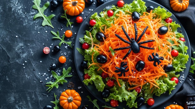 A plate of a salad with halloween decorations on it ai