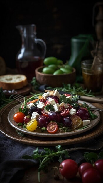 Photo a plate of salad with a plate of grapes and cheese on it.