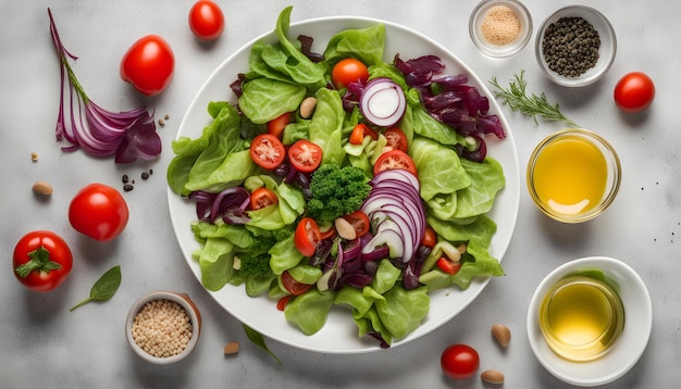 a plate of salad with a salad and a bowl of nuts