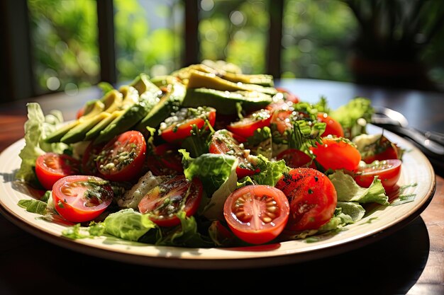 A plate of salad with tomatoes and avocado