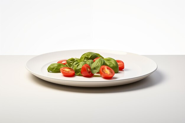 A plate of salad with tomatoes and basil