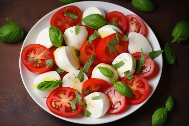 A plate of salad with tomatoes, mozzarella, and basil