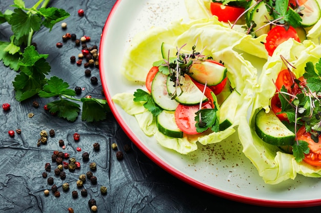 Plate of salad with vegetables and green