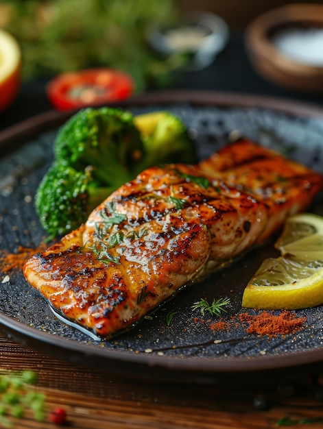 a plate of salmon broccoli and lemon wedges