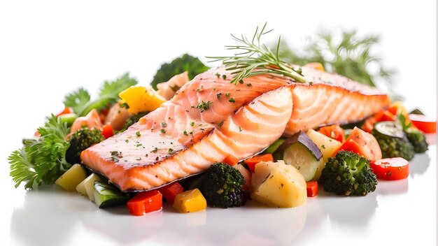 Photo a plate of salmon broccoli and other vegetables