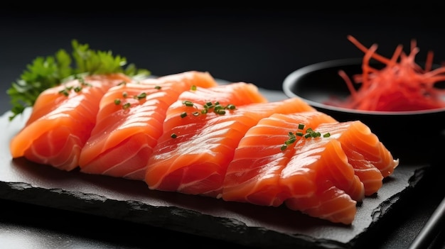 A plate of salmon and salmon on a table