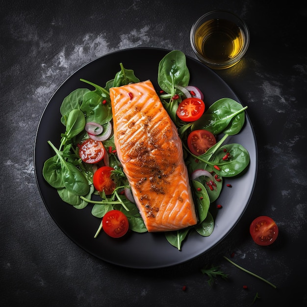 A plate of salmon and spinach salad with a glass of olive oil.