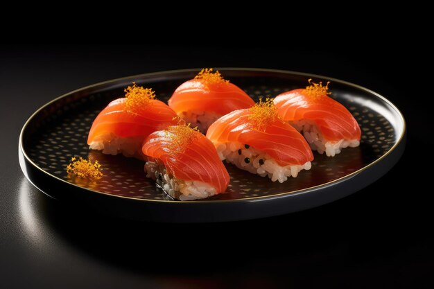 A plate of salmon sushi with orange flowers on it