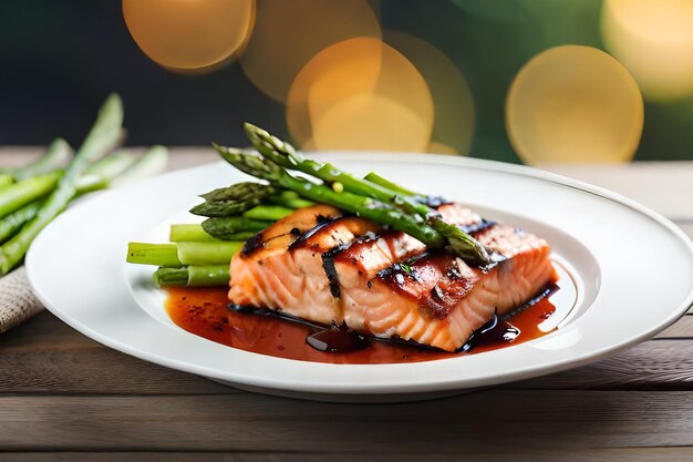 A plate of salmon with asparagus on it