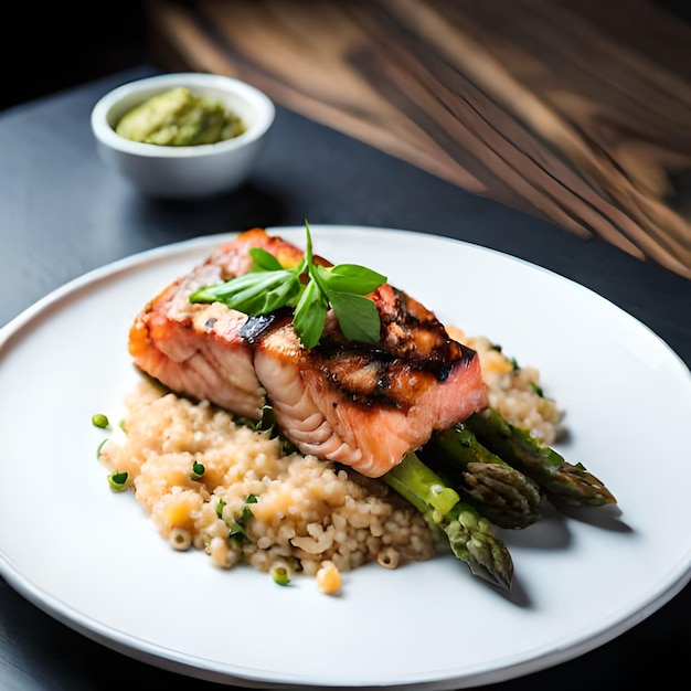 A plate of salmon with asparagus and rice.