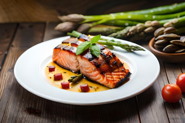 A plate of salmon with asparagus on the side