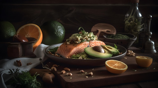 A plate of salmon with avocado and avocado on the table