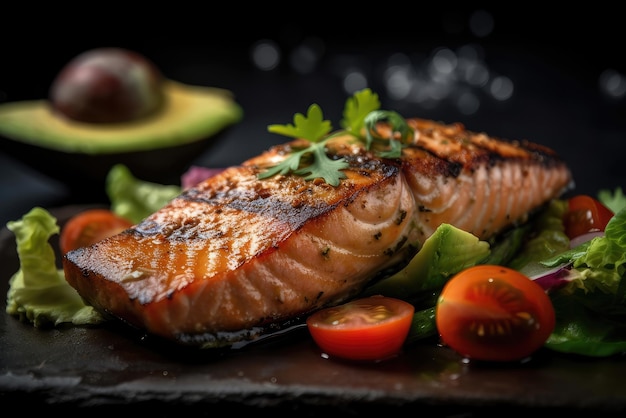 A plate of salmon with avocado on the side