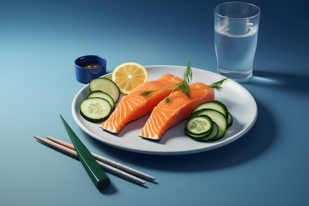 A plate of salmon with cucumbers and lemons next to glass water