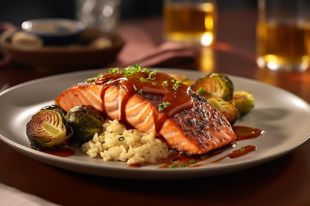 a plate of salmon with a glass of beer in the background