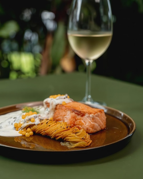 A plate of salmon with a glass of white wine