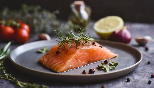 a plate of salmon with herbs on top of it