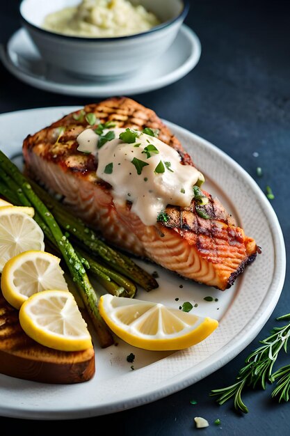 A plate of salmon with a lemon cream sauce.