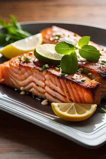 A plate of salmon with lemon slices and lemon on the side