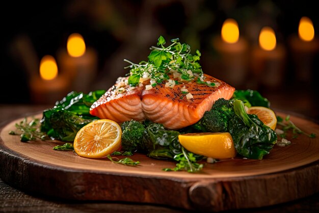 Premium AI Image | A plate of salmon with lemon slices and a lemon on