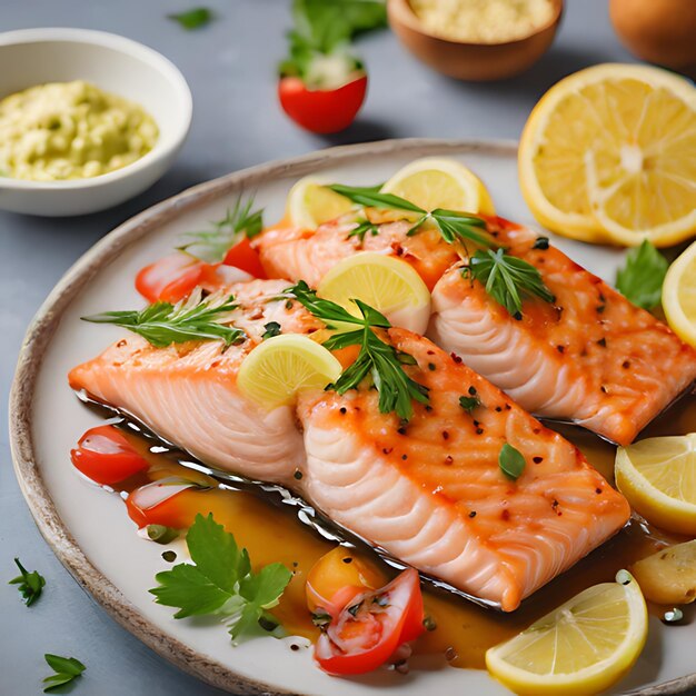 Foto un piatto di salmone con fetti di limone e fette di limone