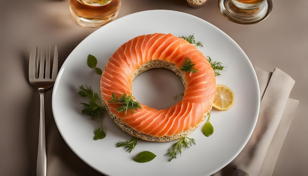 a plate of salmon with a lemon wedge on it