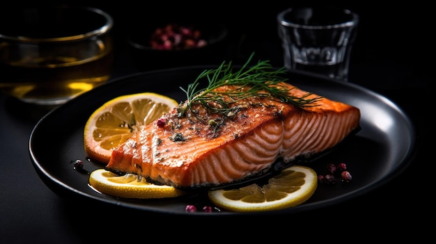 A plate of salmon with lemon wedges and a glass of whiskey on the side.