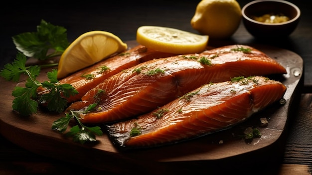 A plate of salmon with lemons on the side