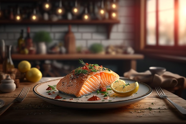 A plate of salmon with lemons on the table in a kitchen.