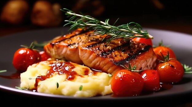 A plate of salmon with mashed potatoes and a sprig of rosemary.