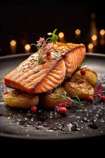 A plate of salmon with potatoes and herbs on it