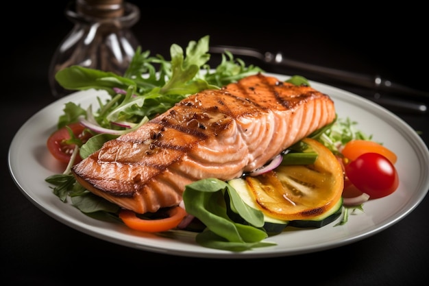 A plate of salmon with a salad on it